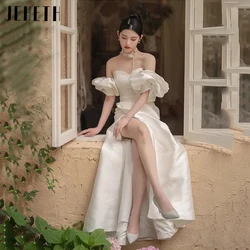 JEHETH Satin Sweetheart Pleat Wedding Dresses A-Line Detachable Puff Sleeves Bridal Gowns Side Split Backless Vestidos De Novia