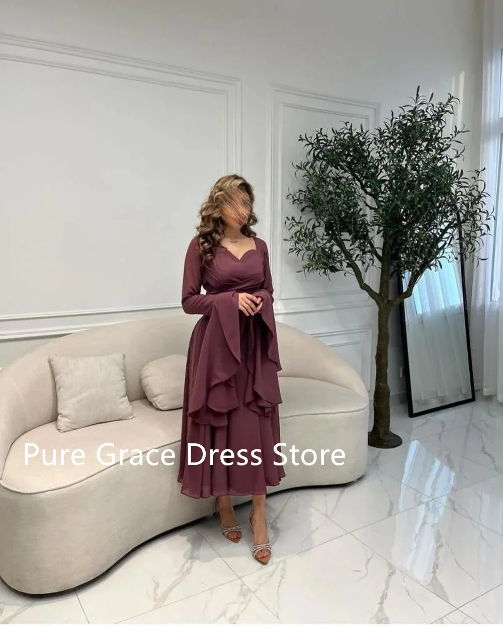 Burgundy Chiffon Evening Dresses Long Sleeve V Neck Prom Dress Arabian Dubai Formal Party Gowns Ankle Lengt Formal Vestidos 2024