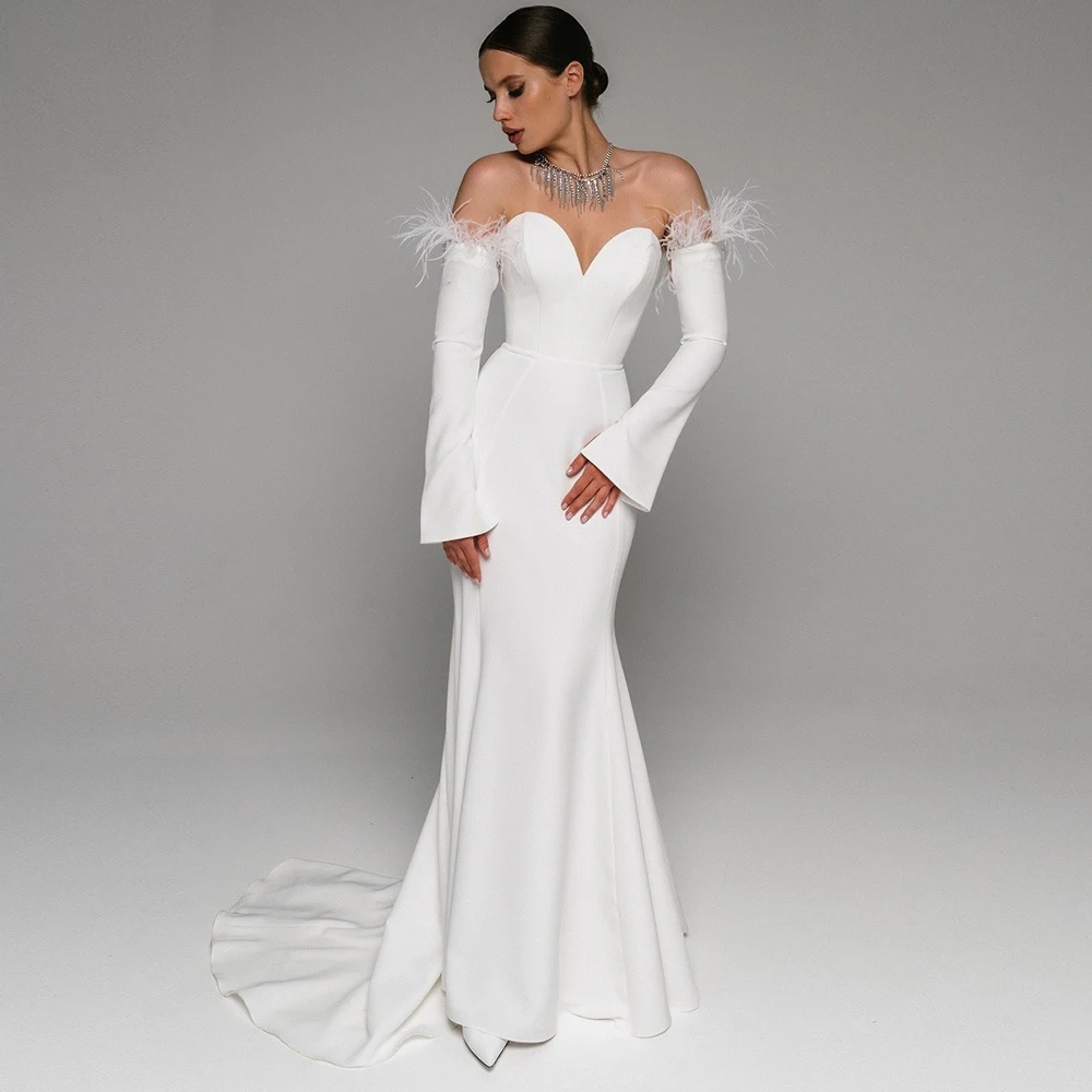 

Weilinsha Mermaid Wedding Dress with Detachable Sleeve and Feathers Simple Sweetheart Court Train Open Back Jersey Bridal Gown