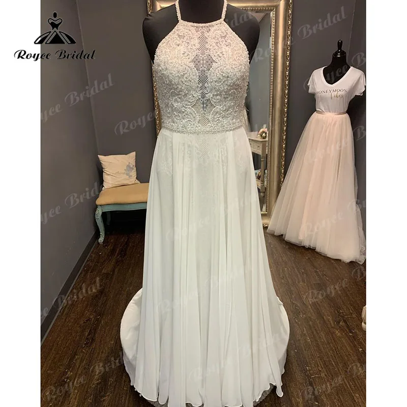 Luxo halter pescoço beading rendas chiffon aberto para trás uma linha boho vestido de casamento praia vestido de noiva robe de mariée feito sob encomenda 2023