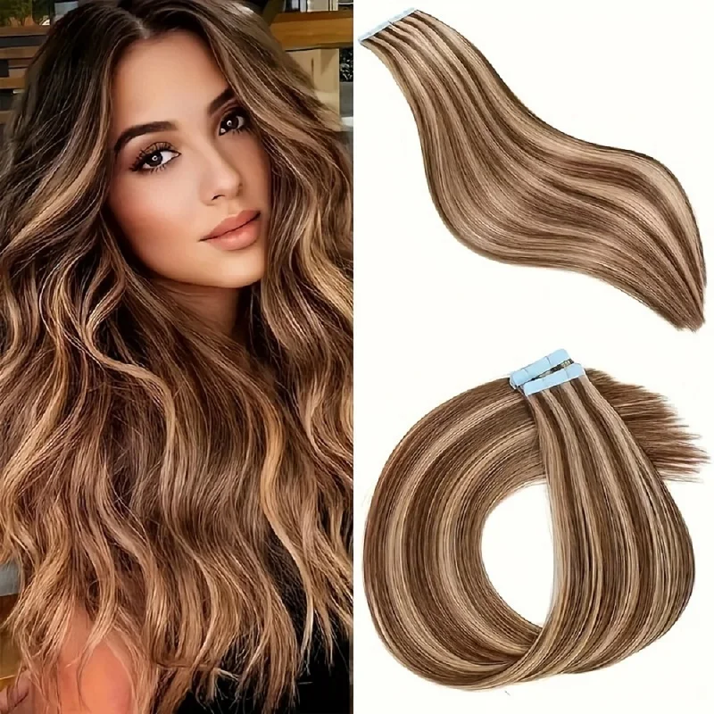 HAIRTIME-fita em extensões de cabelo humano, trama pele sem costura, cabelo remy, cabeça cheia, Mix Color, cabelo liso longo, grosso, 100% cabelo humano