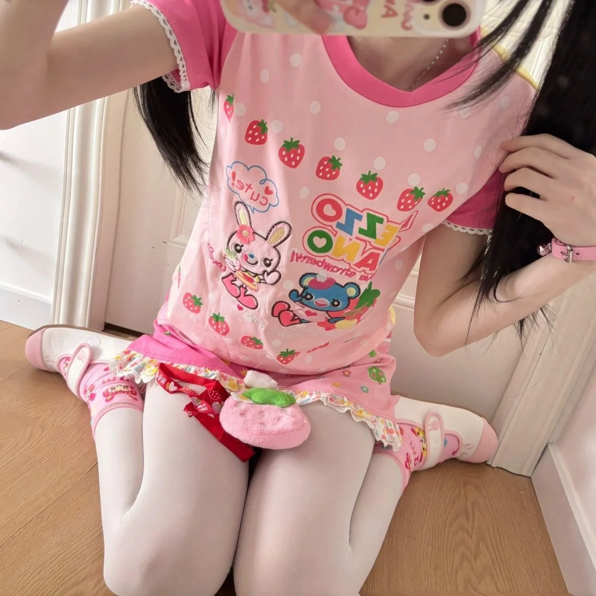 Japanische Kawaii Cartoon-Print T-Shirts Harajuku Kontrast-Patchwork Spitzen-Feen-T-Shirt Damen Y2k Ästhetik Grunge Cropped Tees – Detail 4