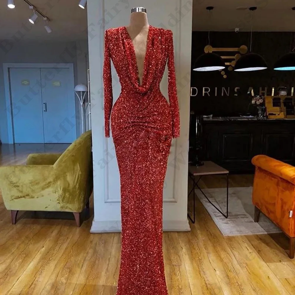 Sexy Deep V-neck Long Sleeves Evening Dresses For Women Fashion Luxurious Sparkling Beading Mooping Slimming Party Prom Gowns