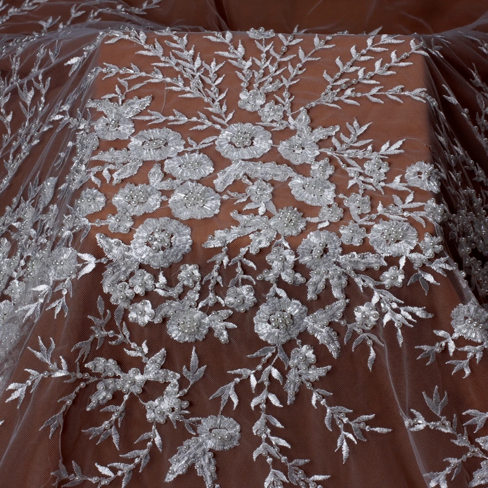 HelluyerDC Ivory hand-made lace fabric,flwoers leaves partterns for wedding,evening,dance gown can be cut to many pieces