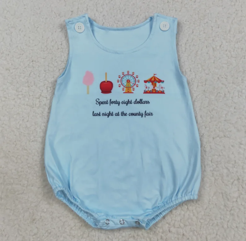 SR3056 Newborn Baby Kids Sleeveless County Fair Blue Print Bubble Rompers Baby Boys Summer Romper Clothes