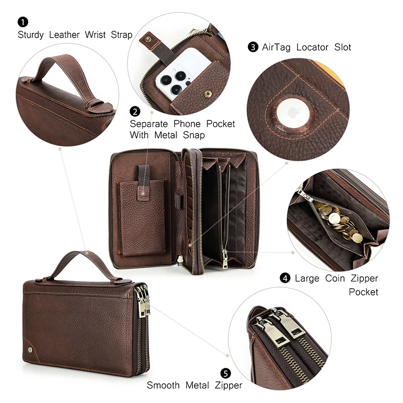 Kontakt Echt leder Clutch Bag Herren Brieftasche mit Airtag Fall Vintage Reiß verschluss Brieftaschen Karten halter männliche Geldbörse große