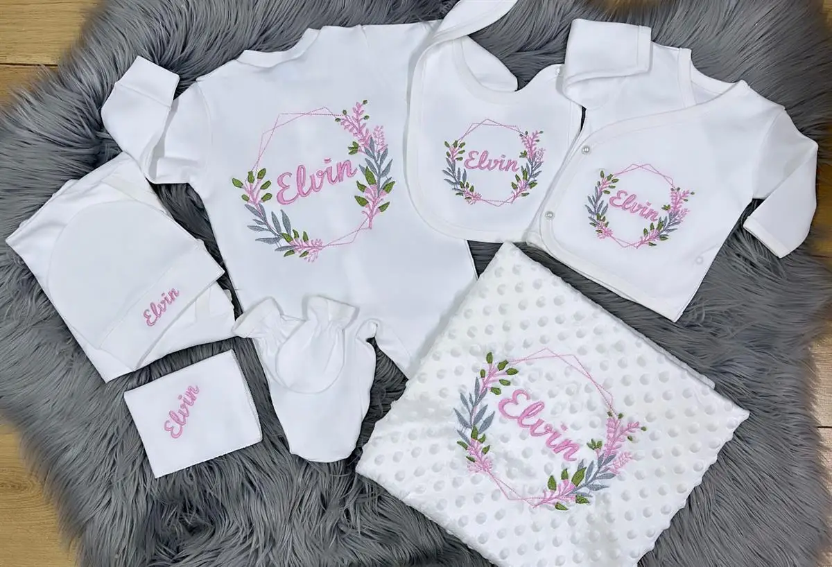 Pink Embroidered and Name Embroidered Baby Newborn Set