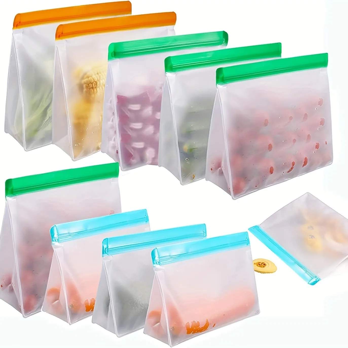 Silicone reutilizável Stand Up Food Bag, Saco de congelador fresco, Saco de armazenamento, Saco PEVA, Recipientes à prova de vazamento, Cozinha Ziplock Wrap