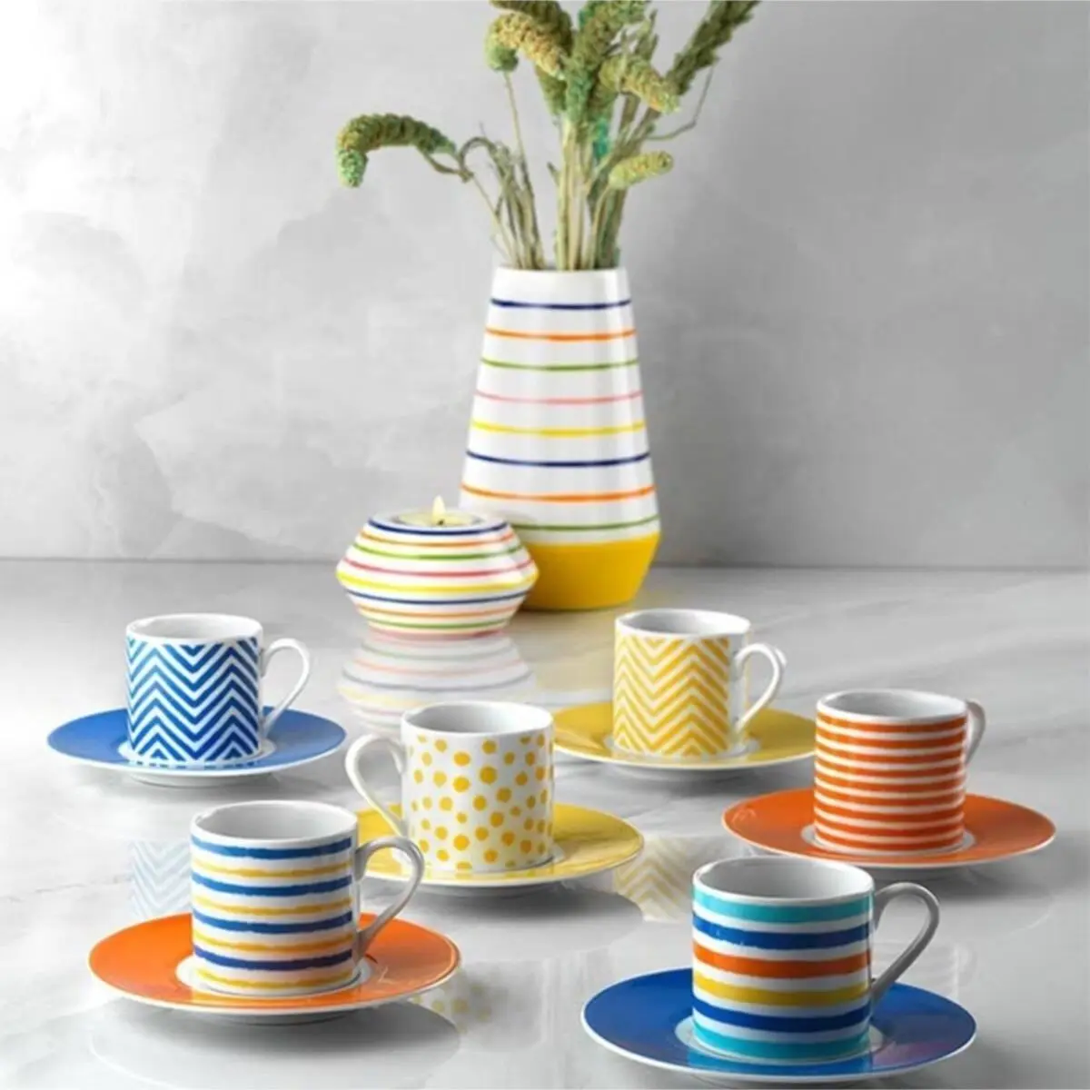 

Porcelain Color Patterned 6 Person Coffee Cup Set, 12 Pieces (Cups and Coasters) Stylish Elegant Kitchen Set Gift