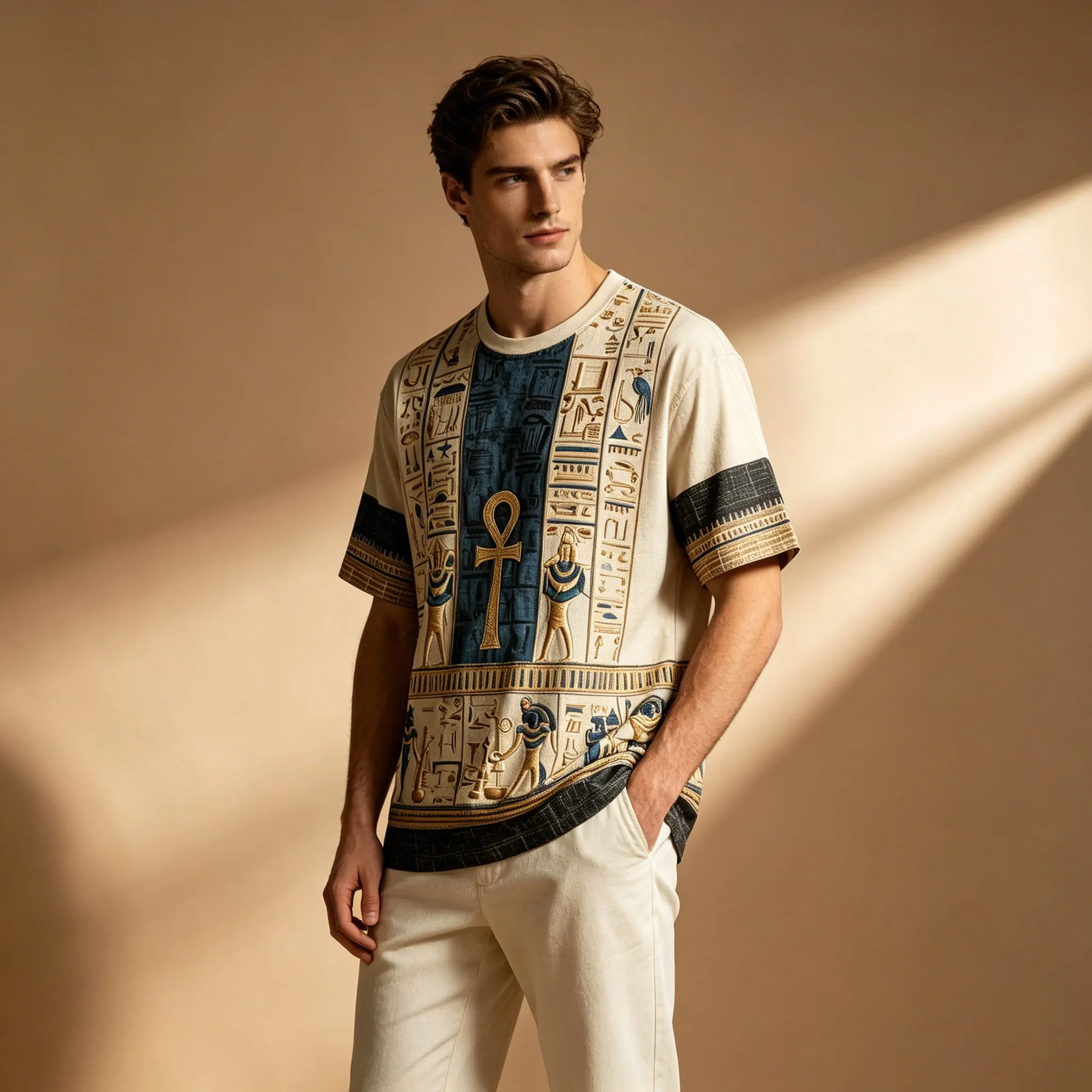 Men Vintage Egyptian Hieroglyph Ankh Cross Print T-Shirt Retro Ancient Egypt Graphic Short Sleeve Casual Tee