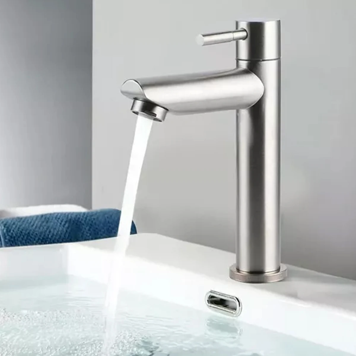 Torneira Pia De Banheiro Agua Fria Cascata Cuba Luxo Baixa Prata Escovado Desq308