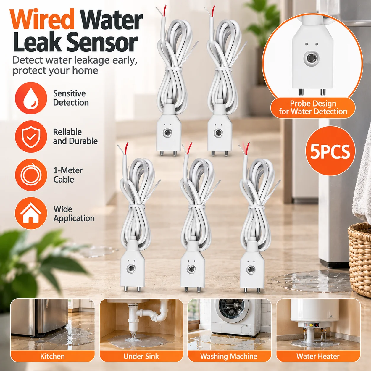 5PCS Wired Type Line Wire Water Leakage Alarm Detector Water Sensor NO Signal Cable For WIFI Water Sensor With Two Metal Poles