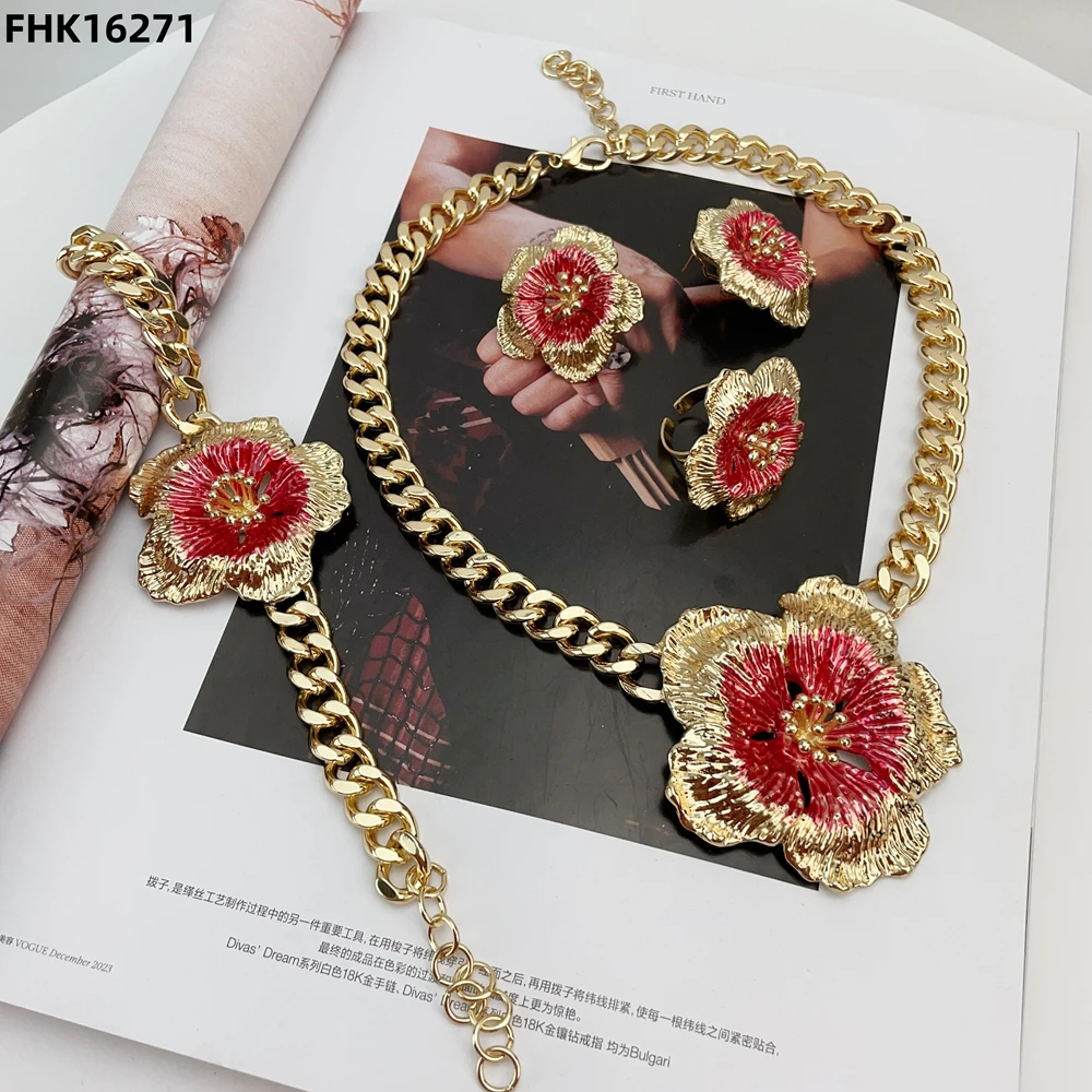 Fashion Italian Gold Plated Jewelry Set Women Flower Shape 4pcs Bride Wedding Party Jewelry Set Gift FHK16269