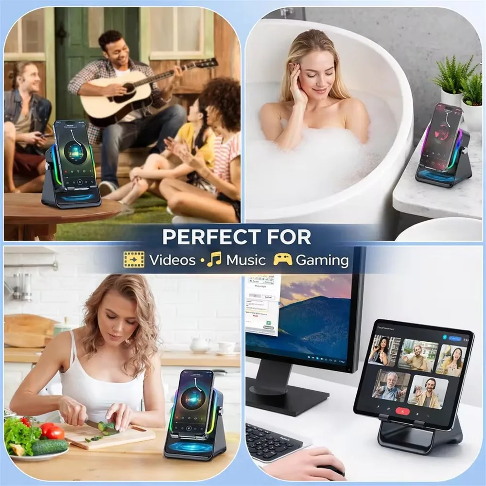 Regulowany stojak na telefon 2 w 1 z głośnikiem Bluetooth, oświetleniem RGB, uchwyt biurkowy do oglądania filmów w biurze, kompatybilny z iPhone, Android i smartfonami. — zdjęcie produktu 5