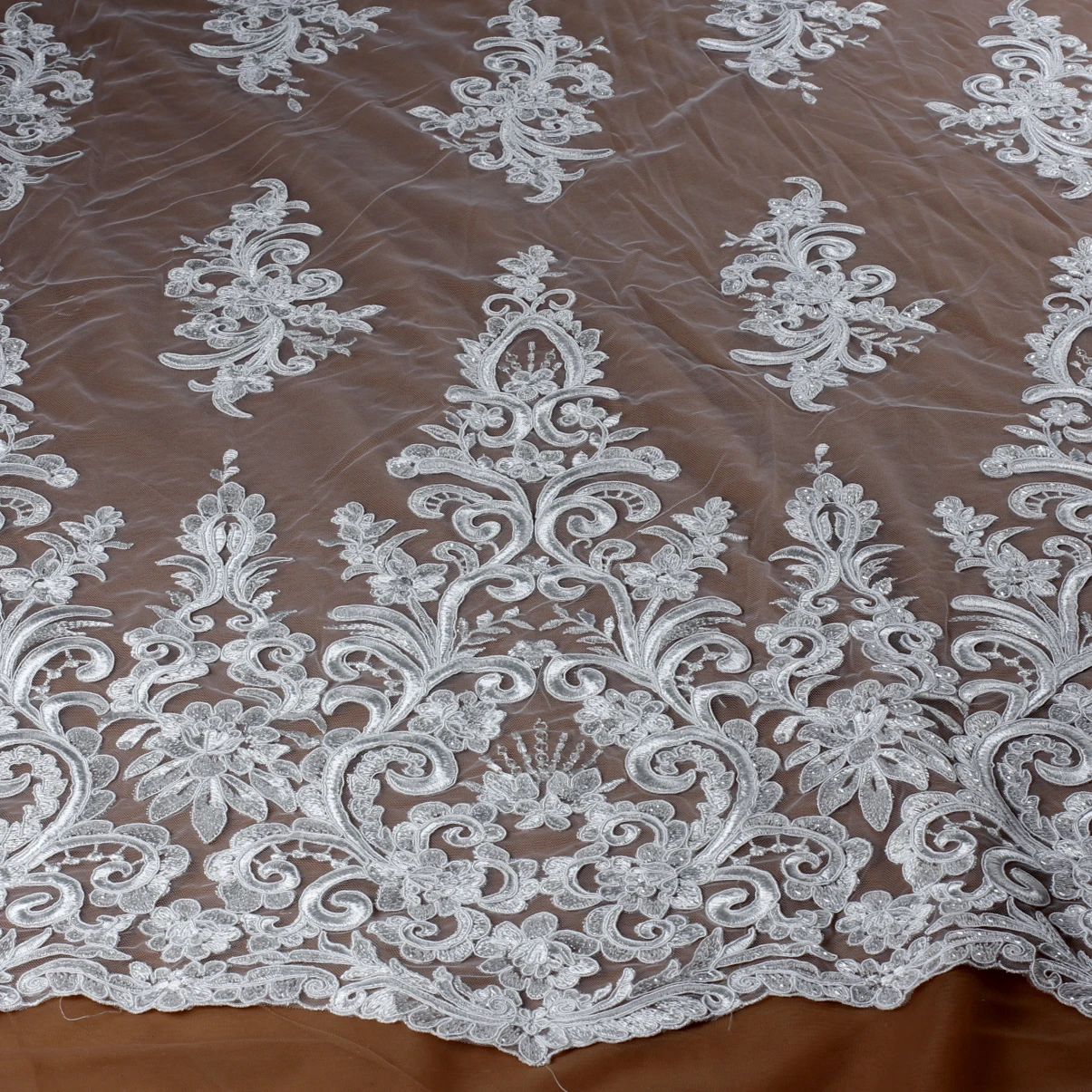 HelluyerDc Ivory,White carded sequins lace fabric,Hight quality,large patterns heavy embroidery for wedding prom dress fabric