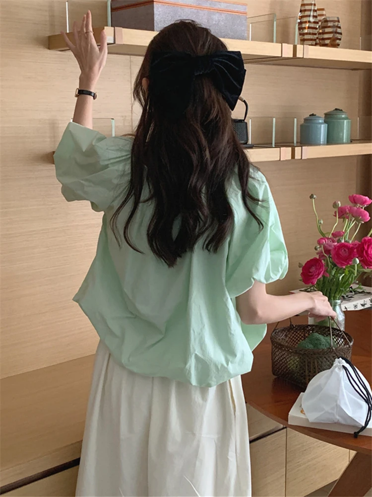 New 2022 Chic Shirts Sweet Korean Fashion Vintage Puff Sleeve Women Blouses Summer Elegant Office Lady Wild Short Tops BL9511