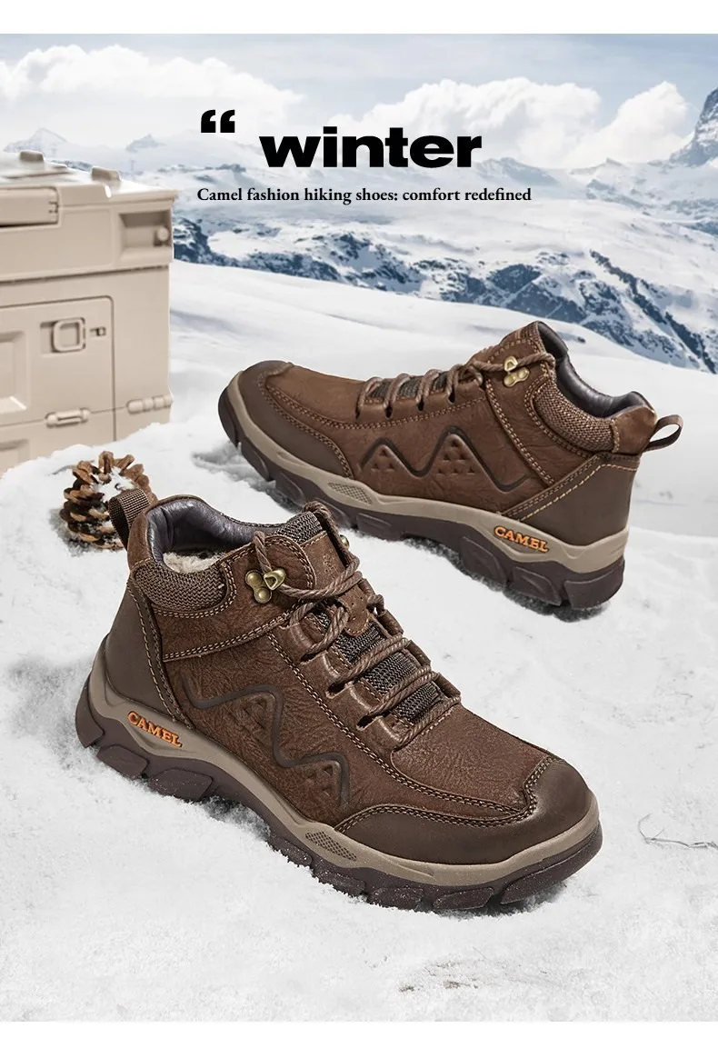 GOLDEN CAMEL Men\'s High-top Snow Boots Winter Plus Velvet Warm Retro Cow Leather Trendy Casual Cotton Shoes for Men Waterproof