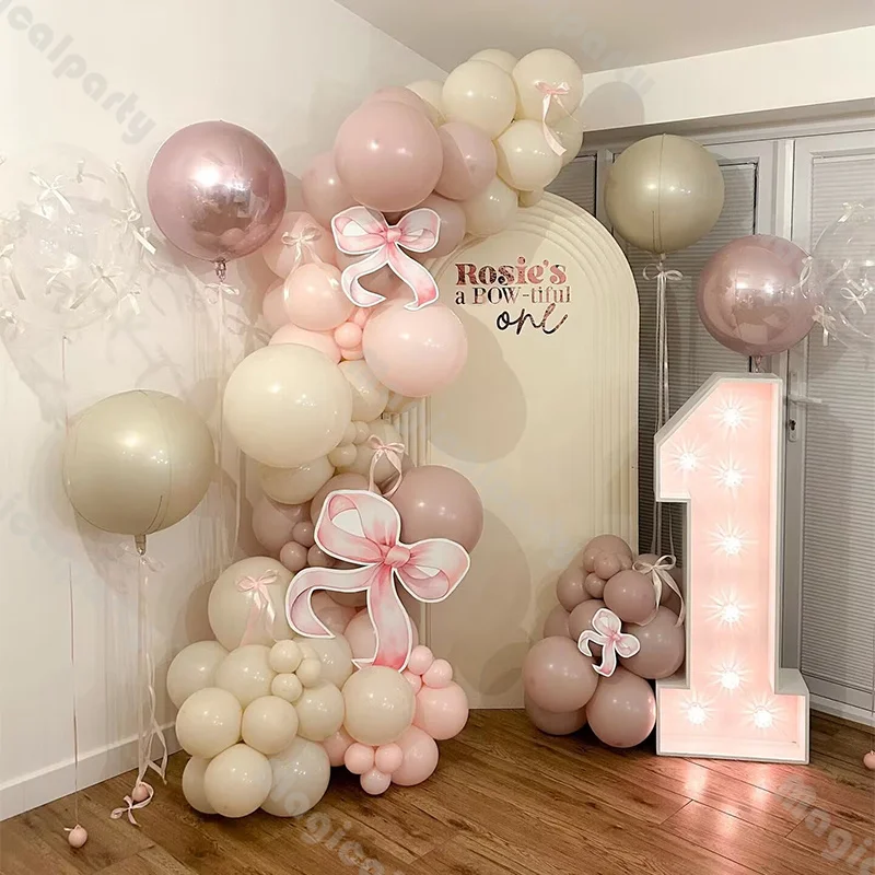 108/114pcs Light Pink and Sand White Latex Balloons Garland Kit 22 inch Light Pink Aluminum Balloon Set Girl's Happy Birthday