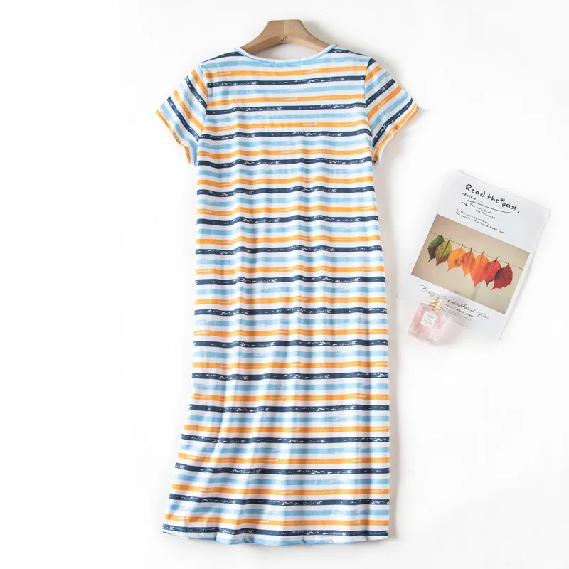 Summer Women Casual Striped Sleep Dress Cotton Loungewear Nightgown Female Short Sleeve Top Quality Loosen Home Dress Plus size