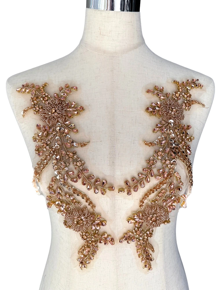 

HelluyerDc шампань, AB, черные стразы, аппликация из бисера, нашивка, 3D бисерные цветы, пара аппликаций для украшений своими руками