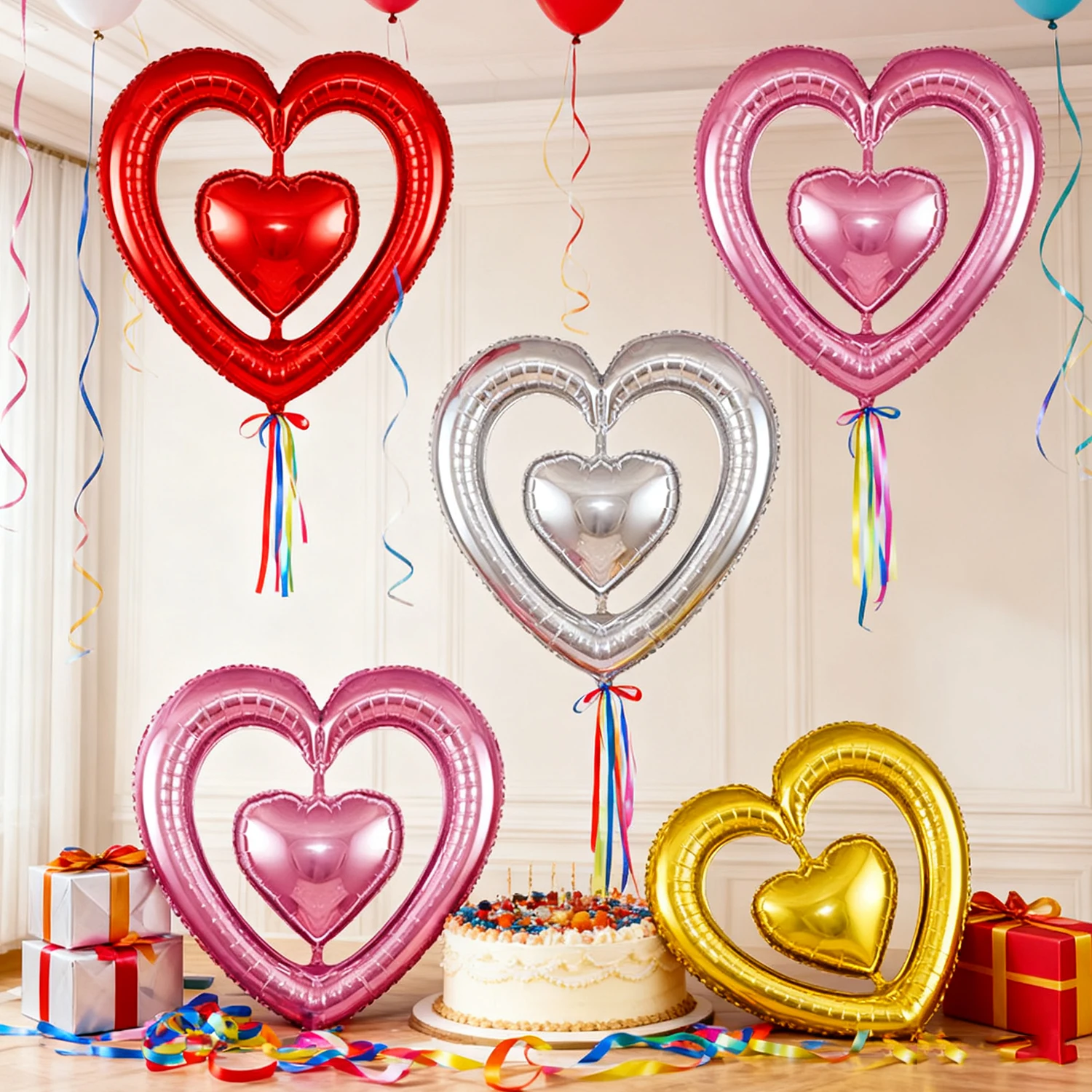 

Heart Shaped Foil Balloon Double Heart-Shaped Hollow Mylar Balloons for Valentine's Day Wedding Party Decoration Supplies