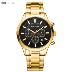 MEGIR Top Brand Luxury Mens Watches Stainless Steel Band Chronograph Gold Quartz Wristwatch Big Dial Luminous Montre Homme 2150