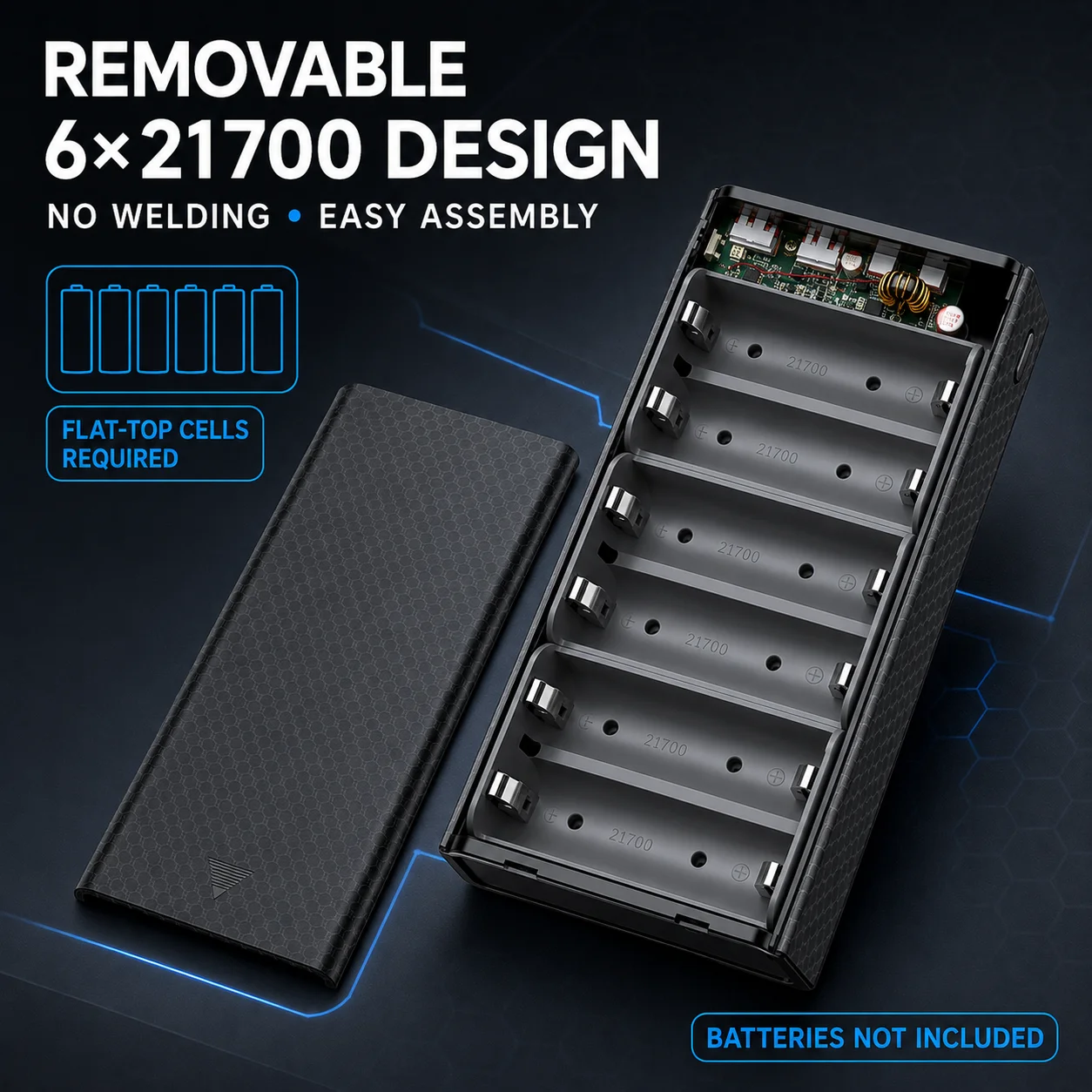 6x21700 Removable Battery Power Bank Enclosure PD100W Dual-Chip USB-C Fast Charge DIY Kit for Laptop No Cells Included