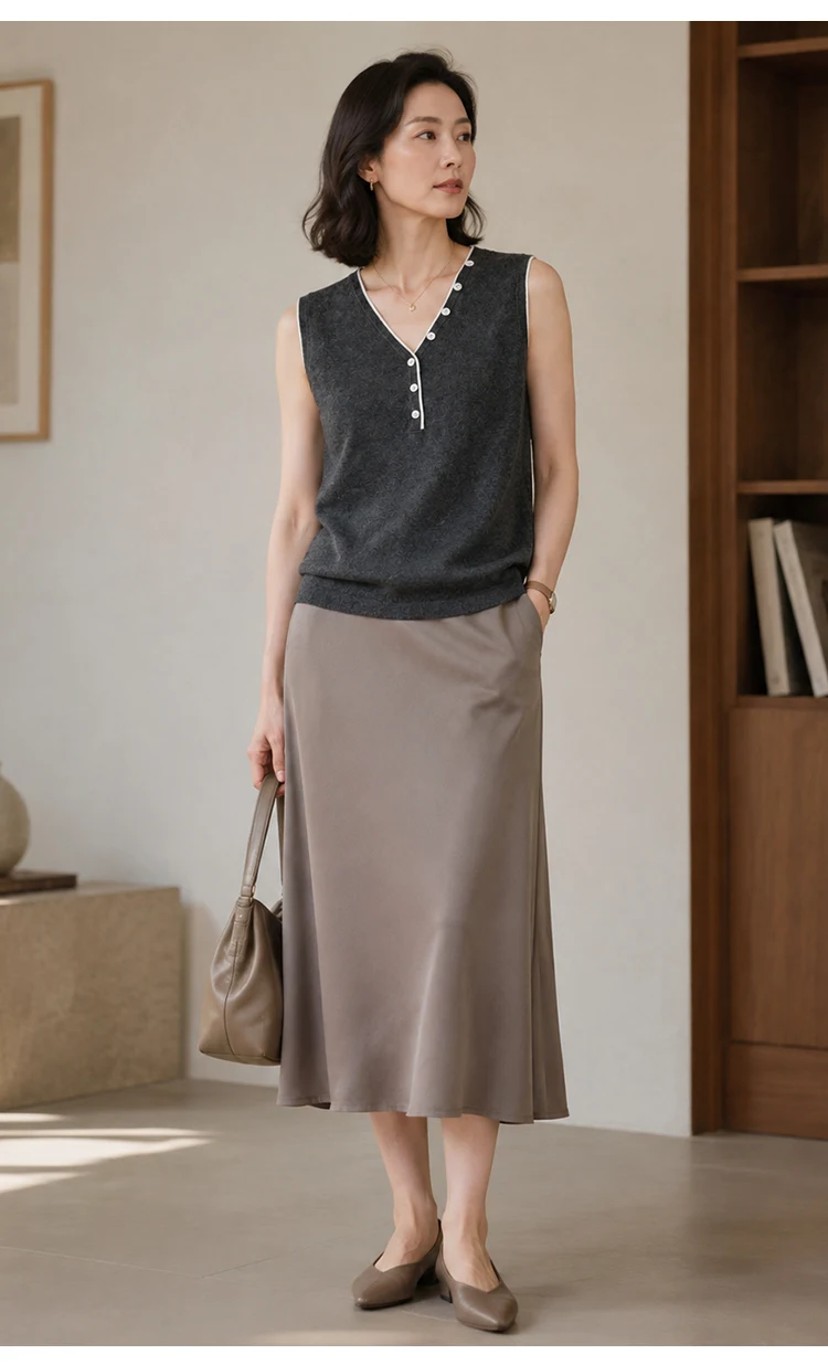 ML62129 Damen Vintage V-Ausschnitt Ärmellose Strickweste mit Kontrastbesatz und Knopfleiste aus Modal-Mischgewebe, Sommerliches Casual-Oberteil – Detail 6