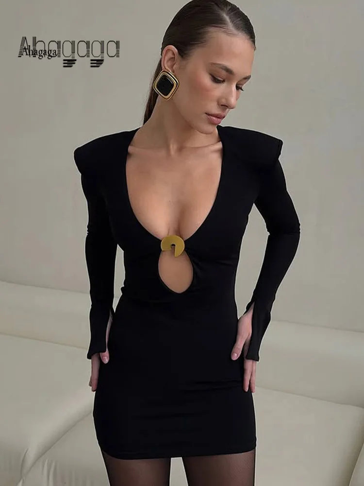 

Ahagaga Sexy Solid Women's Mini Dress Hollow Out Regular Long Sleeves Sexy Sheath Slim Fit Deep V-Neck Streetwear Female Vestido