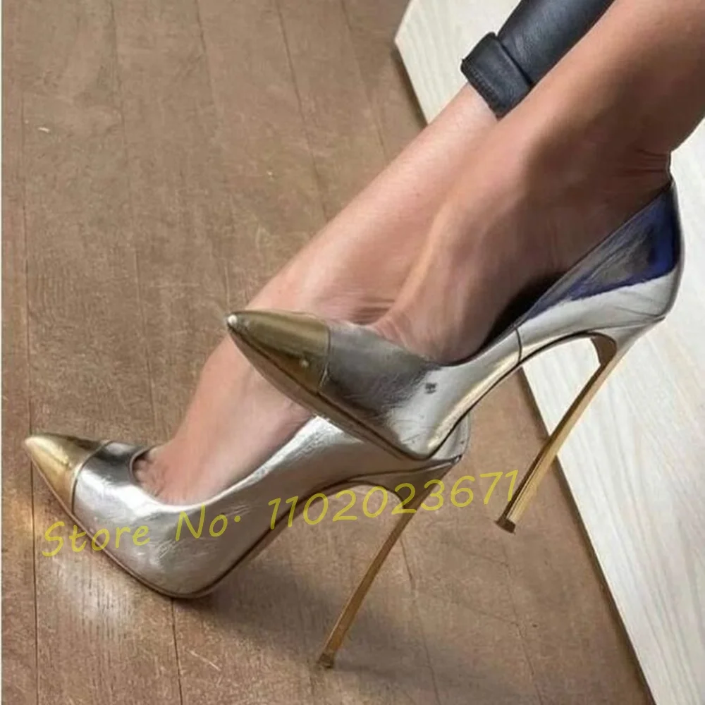 Gold Pointy Toe Patent Pumps Sexy Women Splicing Shiny Metal High Heels Luxury Summer Shoes 2022 Novelty Design For Female Pumps