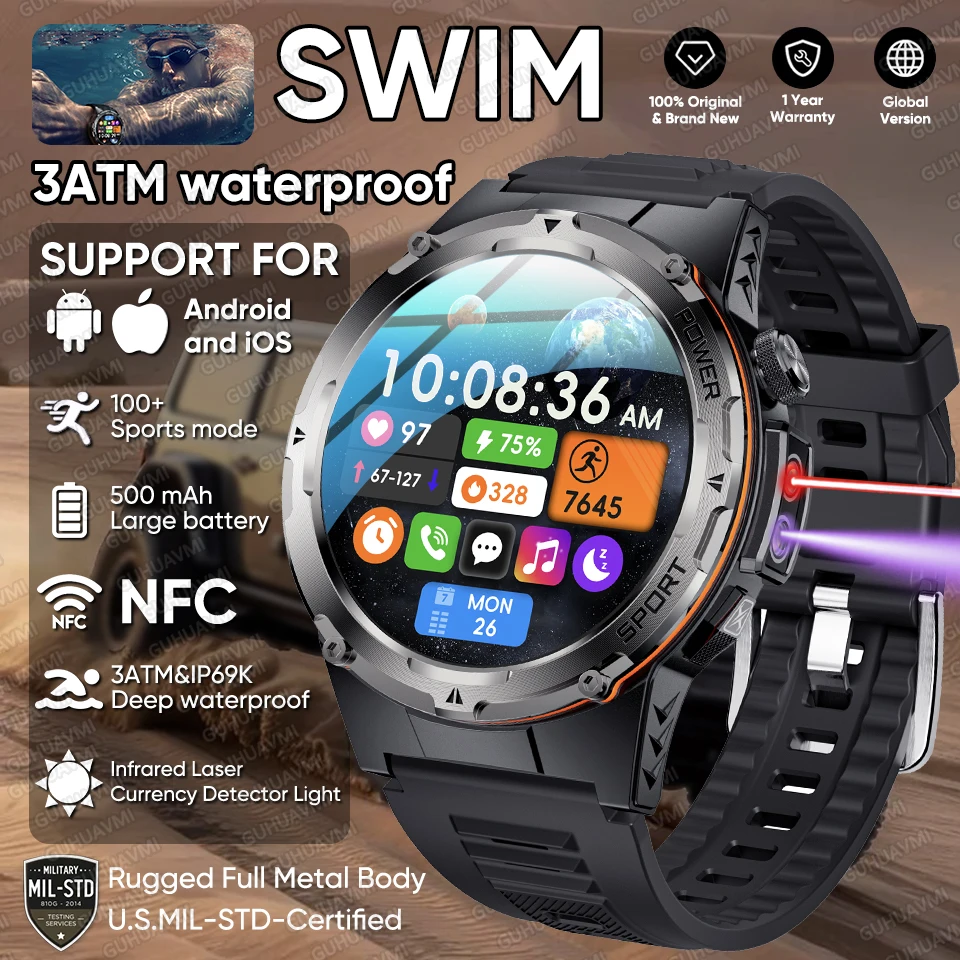 

2025 New T-Rex 3 Dual-Band GPS Outdoor Smart Watch NFC 3ATM Swimming Waterproof Bluetooth Call 500mAh Large Battery UV+Infrared