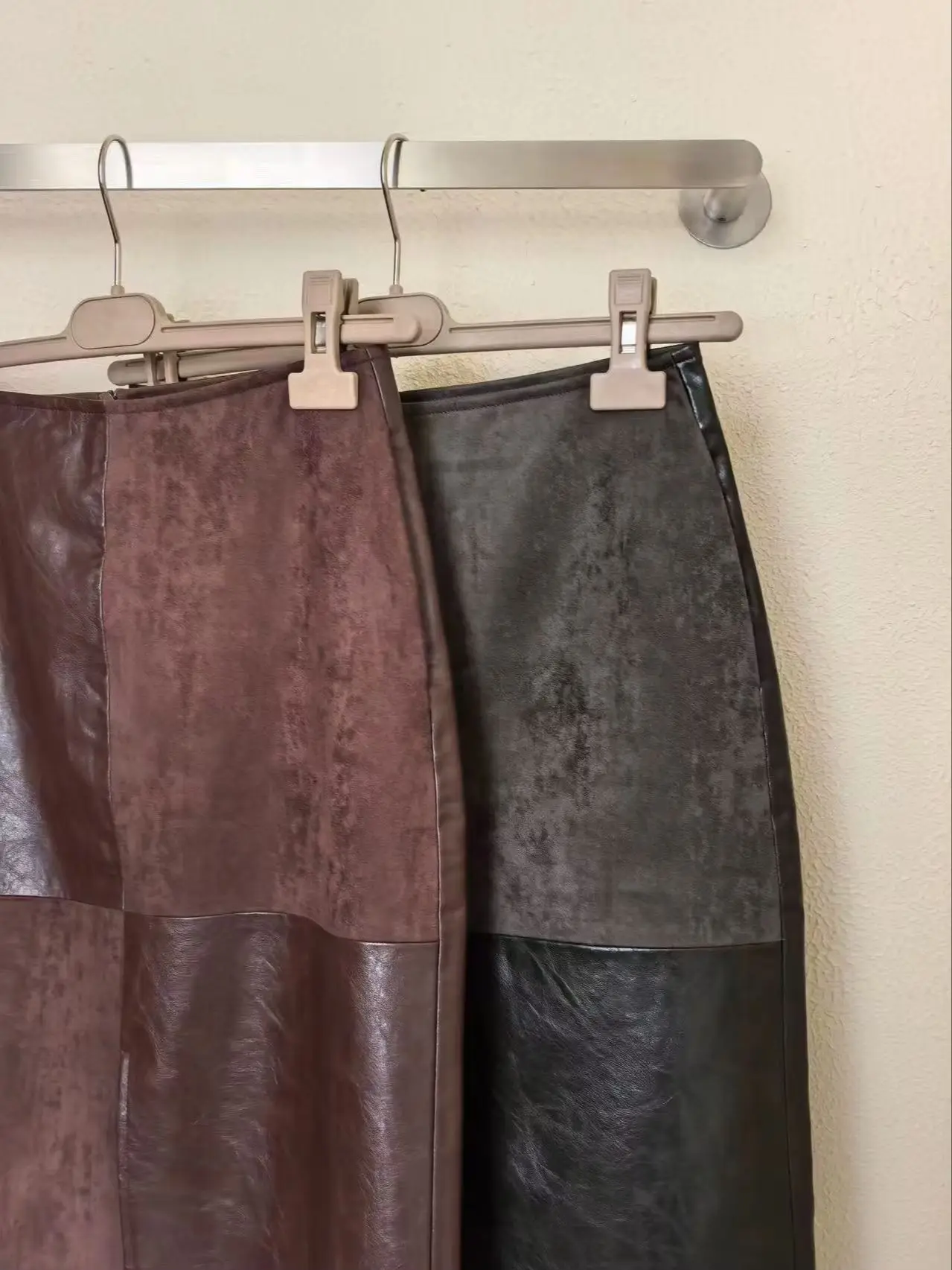 Autumn and Winter Retro Patchwork Design Leather Skirt