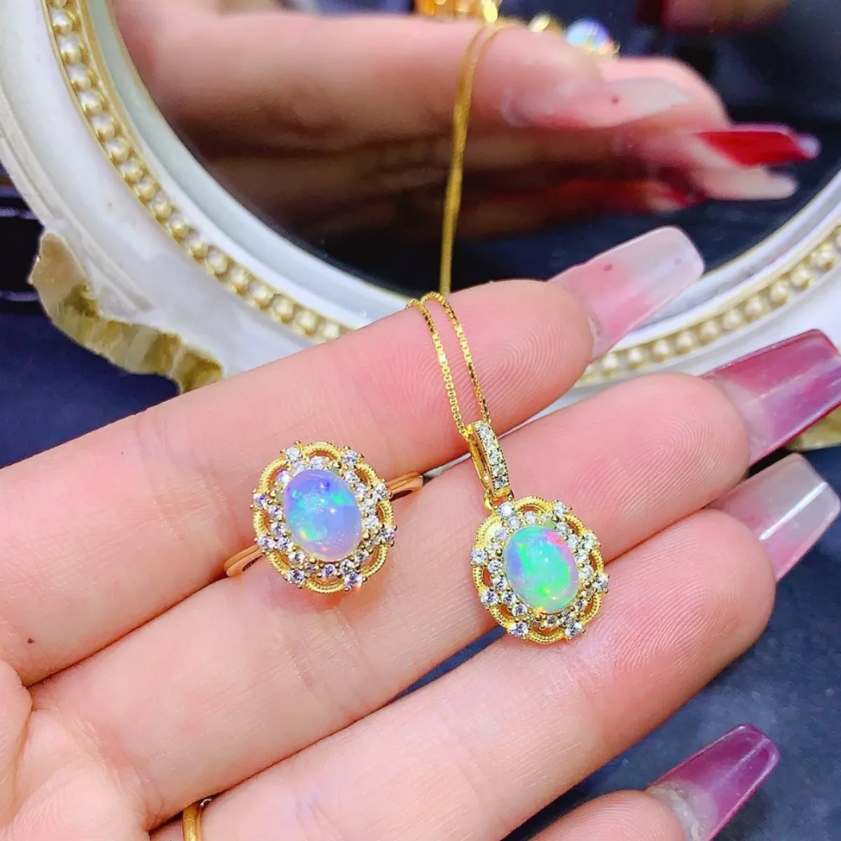 

KJJEAXCMY Girls' Jewelry 6x8mm Natural Opal Necklace Hollow Pendant Ring Set 925 Pure Silver Plated 18K Gold Clearance Sale Gift