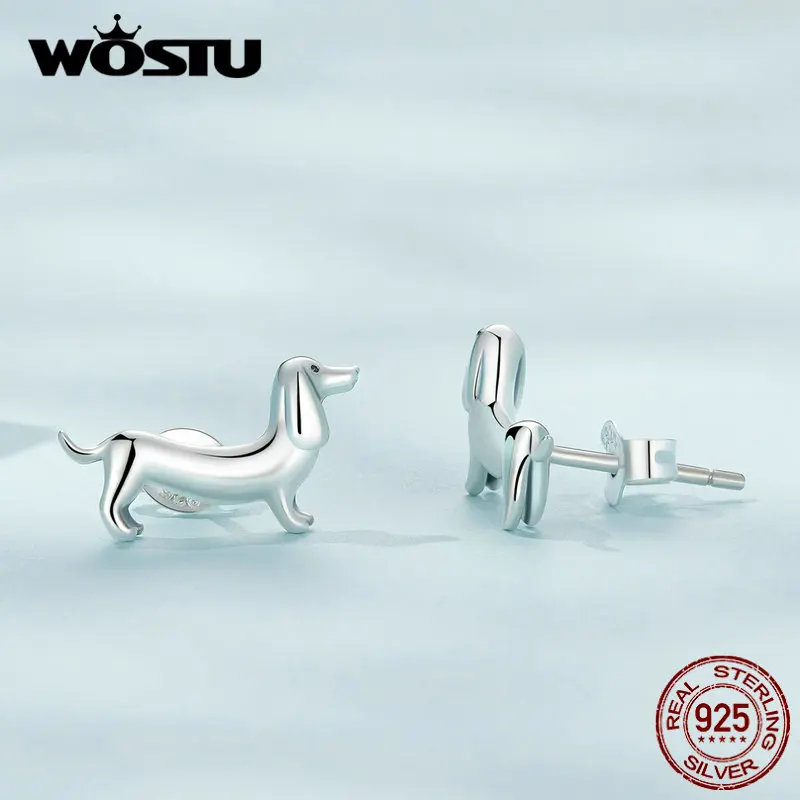 WOSTU 925 Sterling Silver Dachshund Dog Earrings Lovely Pet Animal Ear Studs for Women Original Fine Jewelry Set Cute Daily Gift