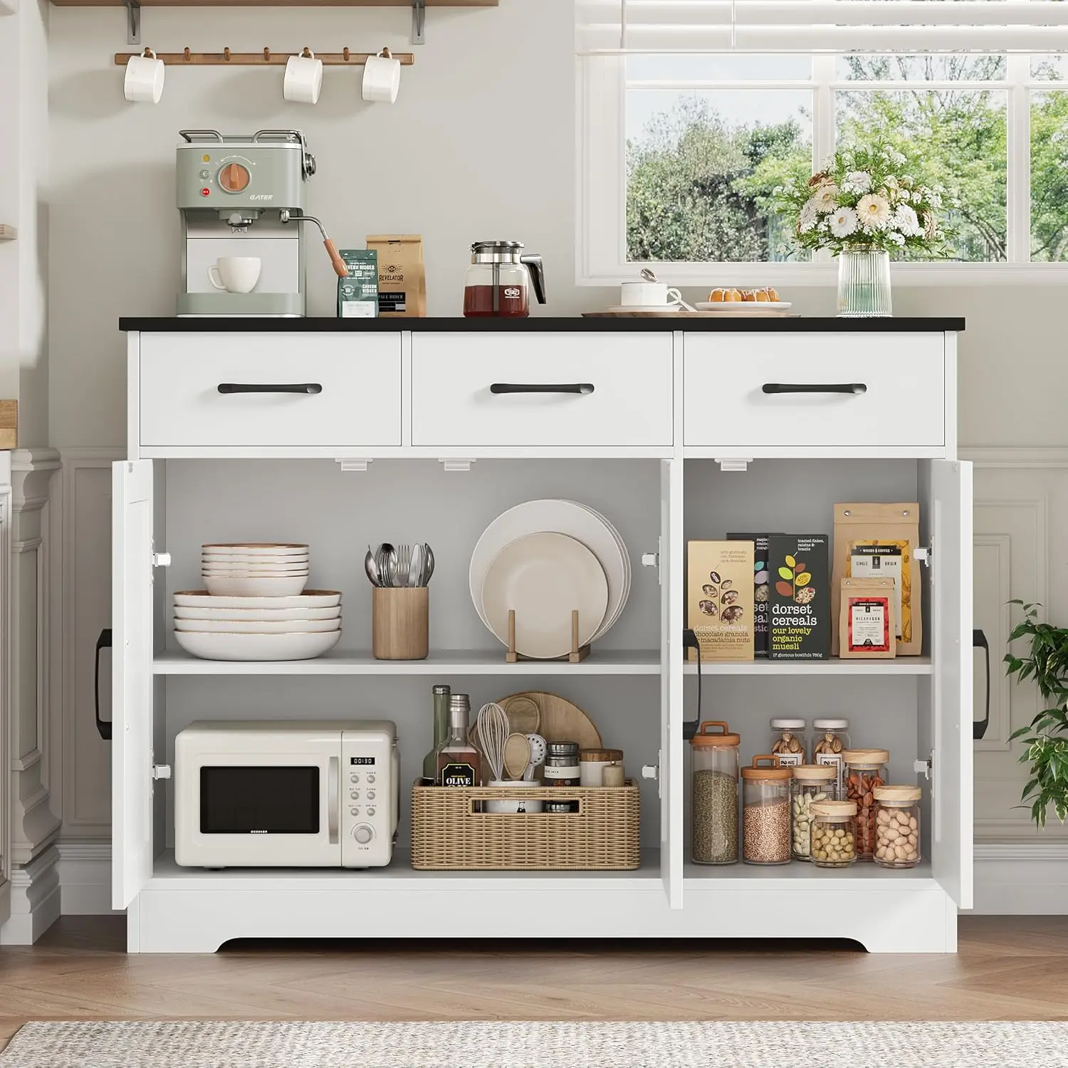 Kitchen Buffet Cabinet With Storage, Sideboard Coffee Bar Farmhouse Kitchen Storage Cabinet With 3 Drawers & Adjustable Shelf & Doors, 42.5