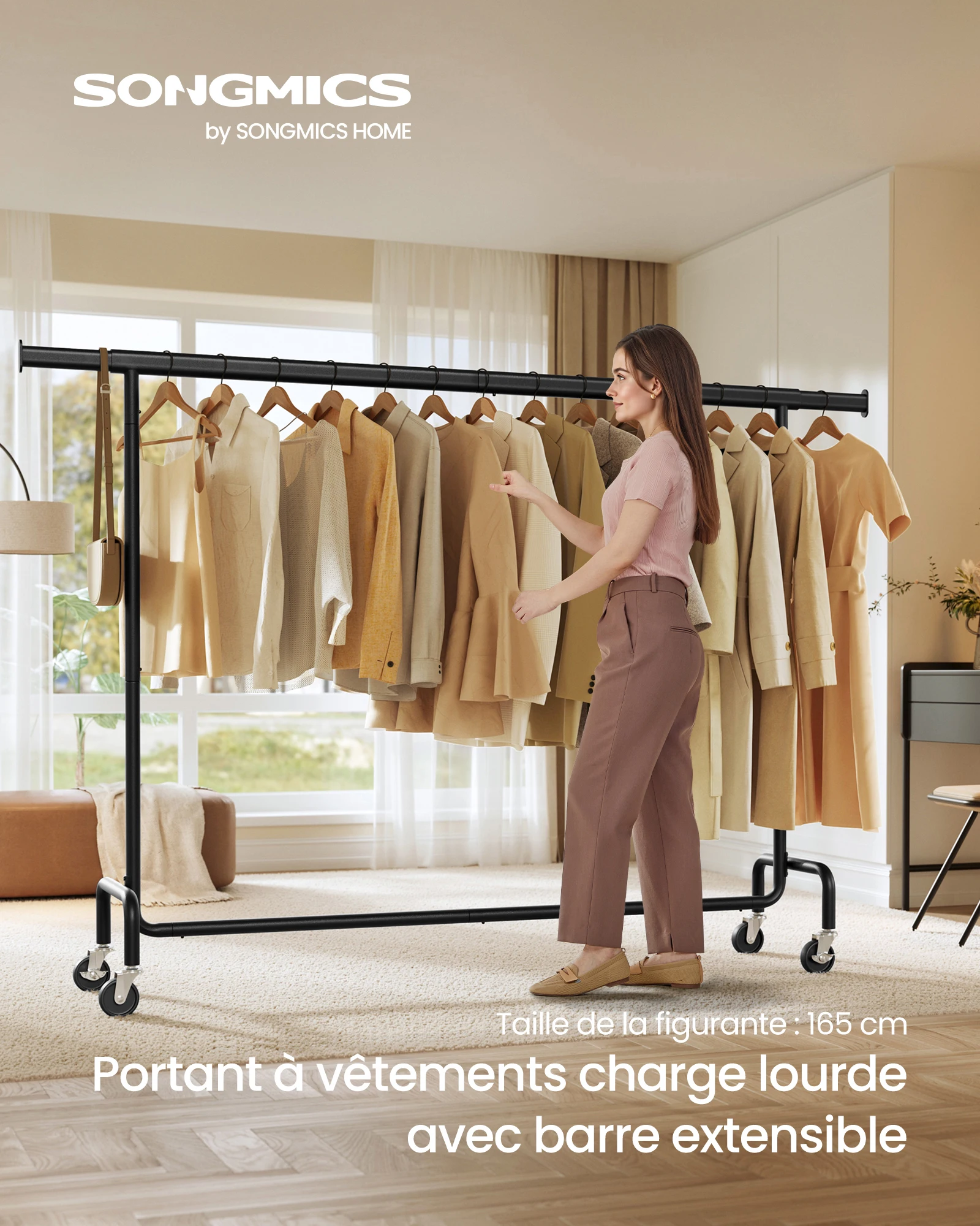 Portant à Vêtements avec Roulettes, Tringle Extensible pour Charge Lourde, Capacité de Charge 110 kg, 45 x (160-200) x 162,9 cm,