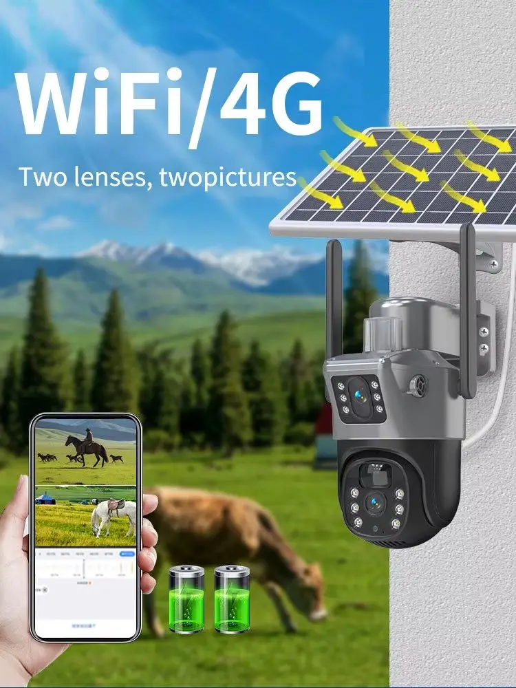 Kamera solarna 4MP WIFI bezprzewodowa PTZ z podwójnym obiektywem i ekranem, zewnętrzna kamera IP 4G z panelem solarnym, audio i czujnikiem PIR do monitoringu i ochrony. — 2