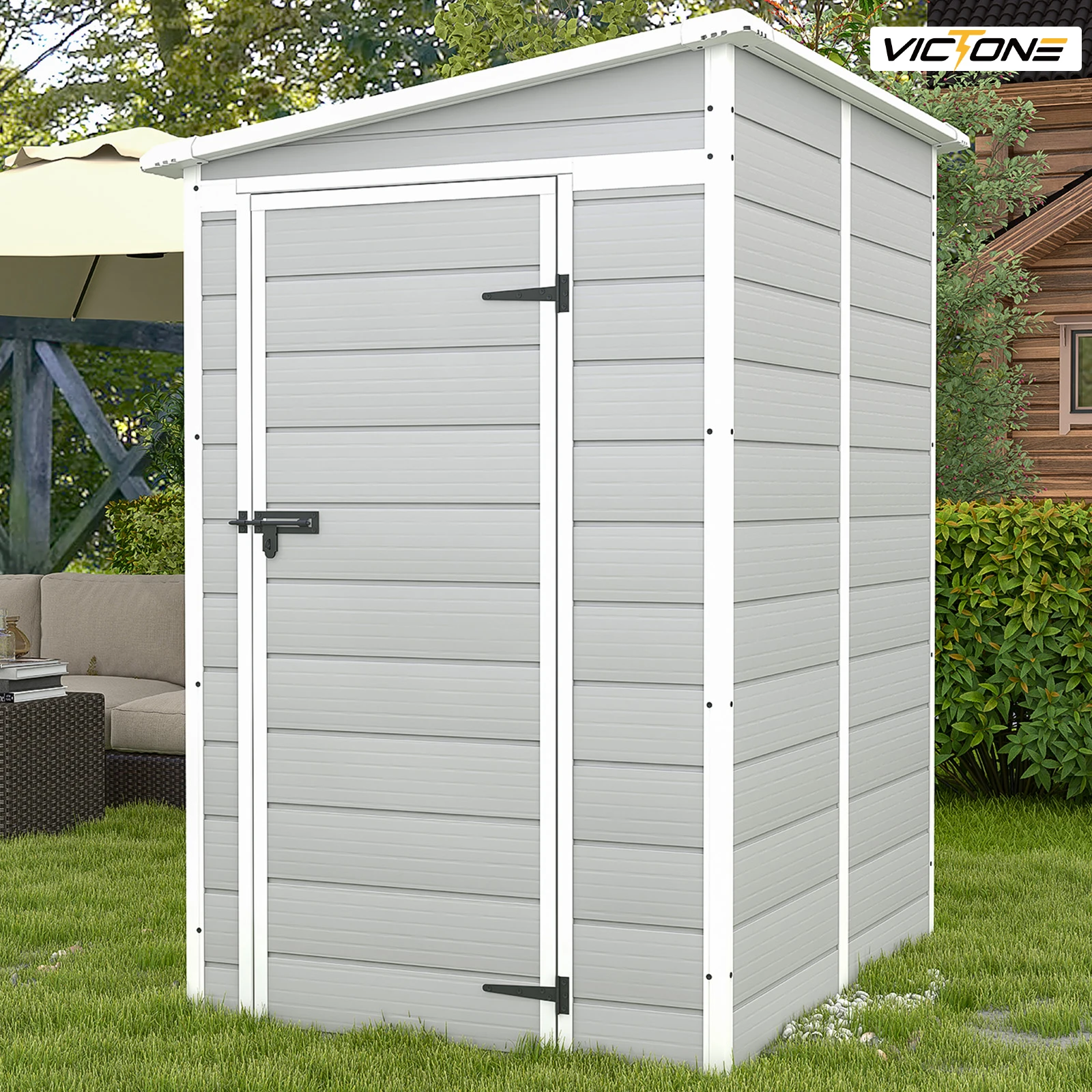 Victone 5x4 FT Plastic Outdoor Storage hed With Floor, Resin Storage shed &Lockable & Window Door For Patio Furniture