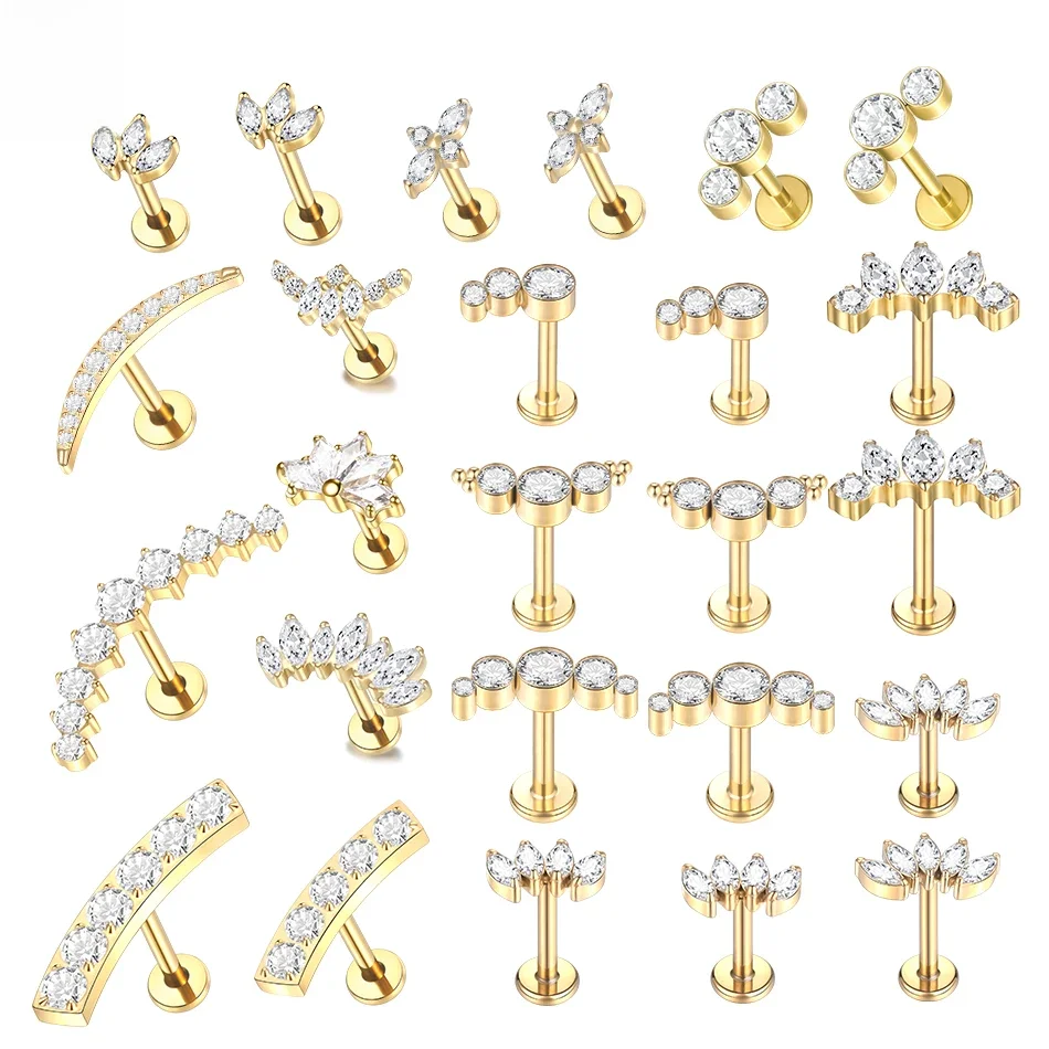 1PC Titanium Zircon Labret Piercings Lip Rings Gold Color CZ Cartilage Helix Lobe Conch Earring Stud Piercings Biżuteria damska 16G — zdjęcie 2