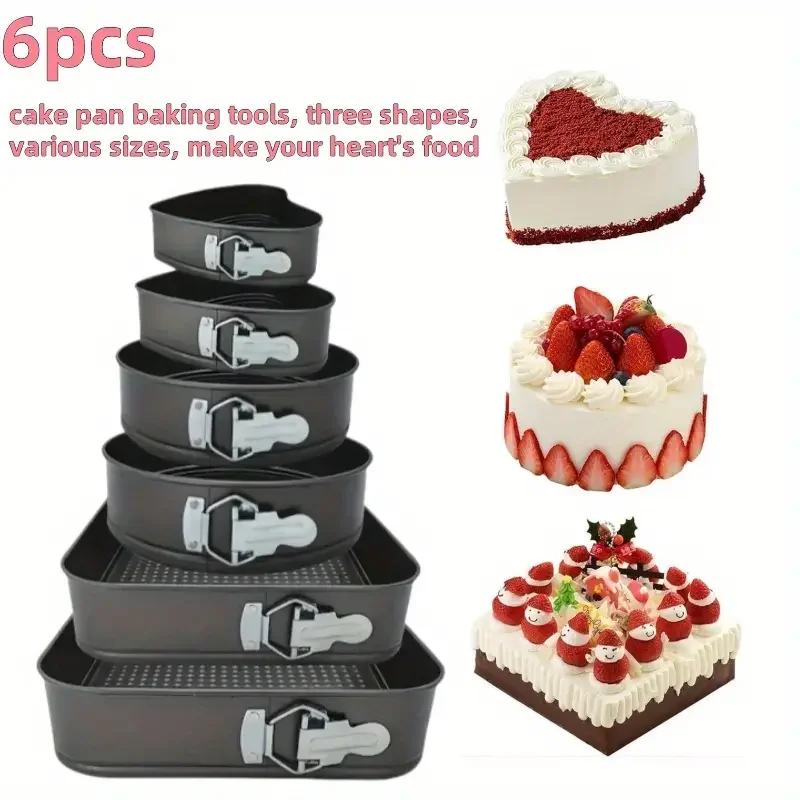 

6Pcs,Non-stick cake baking pan set (square/round/heart shape) × 2, carbon steel baking molds, detachable, durable and sturdy