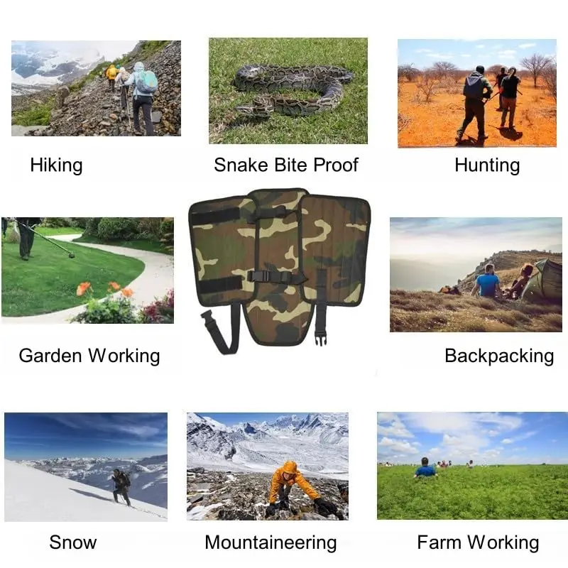 جراميق للساق مقاوم للأفعى، أكسفورد مقاوم للماء 1000D، مموه أخضر عسكري، تصميم بإبزيم قابل للتعديل، مقاوم للاهتراء والخدش