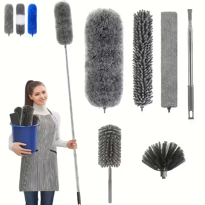 Plumeau en microfibre avec kit de perche télescopique de 113,39 pouces pour plafonds hauts, nettoyage des toiles d'araignées, réutilisable et lavable