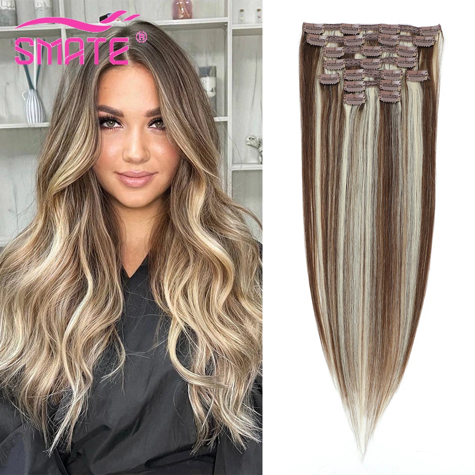 SMATE Straight Clip In Human Hair Extensions 10 Pcs Full Head Dark Brown Clip in Real Human Hair 20-24Inch 160G 200G