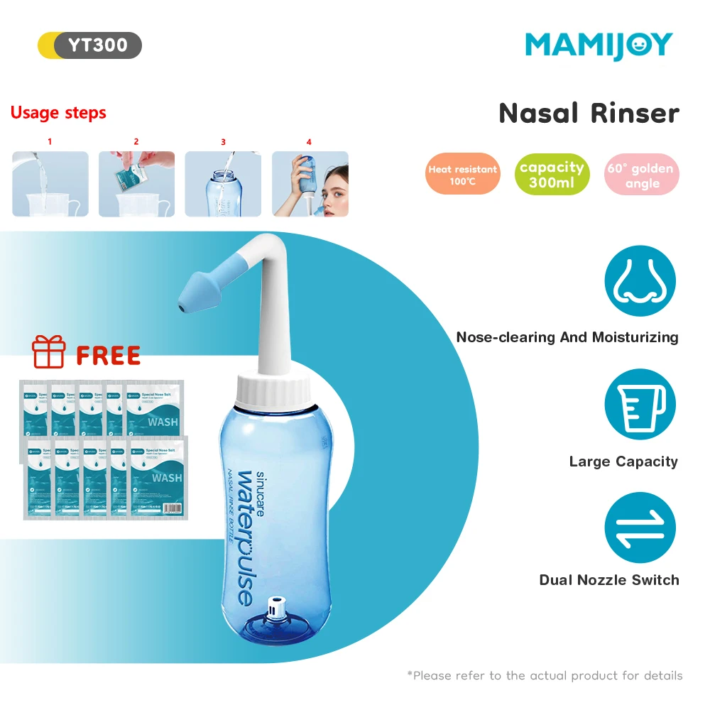 

MAMIJOY 300ML Nasal Irrigator Kit 10 Packs Saline＆Wash Bottle Dual-Use Nose&Ear Allergic Rhinitis Treatment For Adults Children