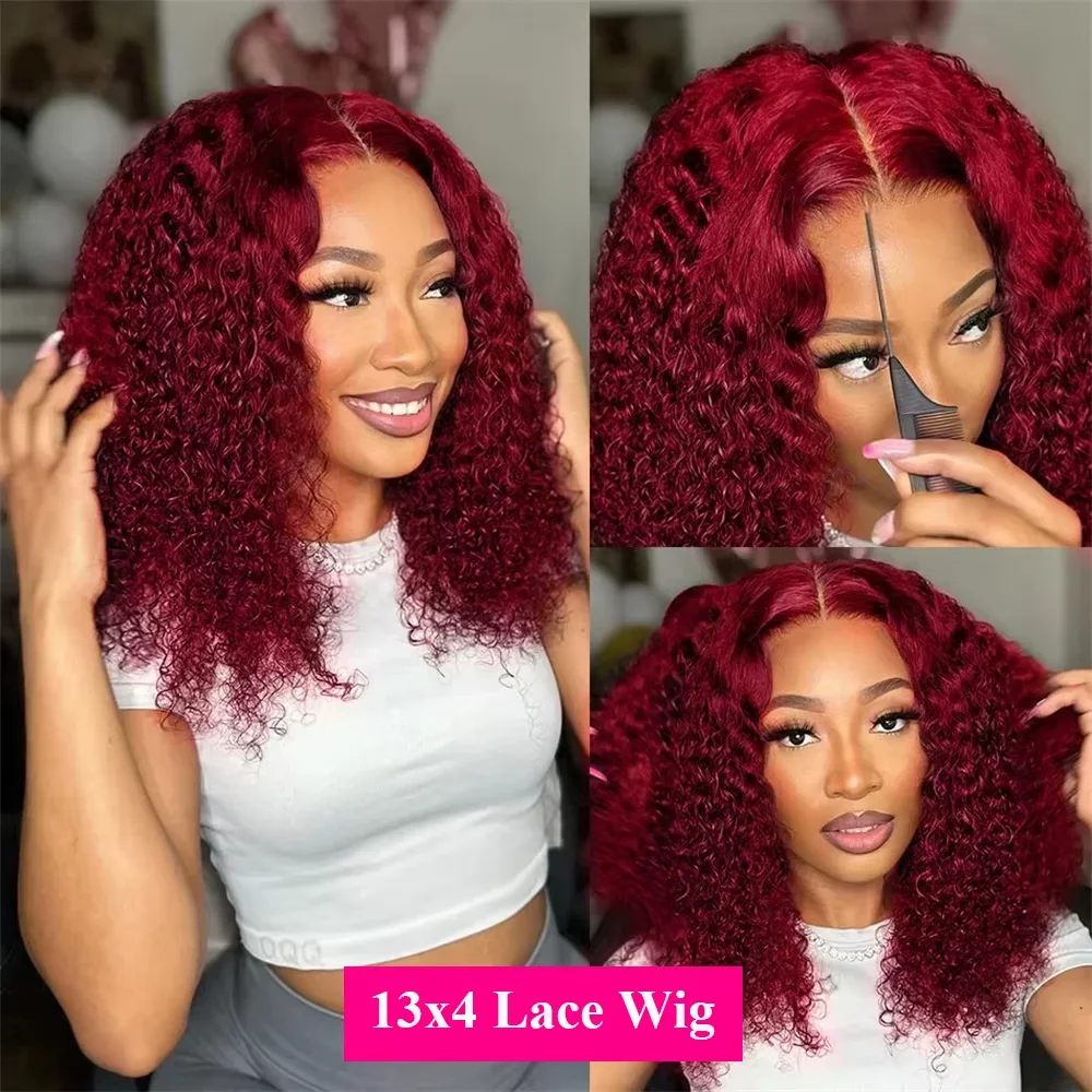 13x4 Lace Frontal Wig Short Bob Kinky Curly Wig Brazilian 99J Deep Water Wave Bob Burgundy Lace Front Wigs Bob 100% Human Hair