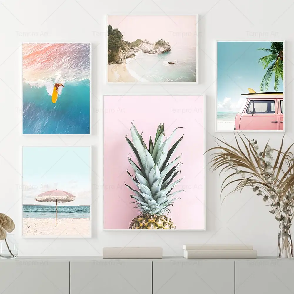 Pink Beach Sea Flamingo Surf Pineapple Bus Wall Art Canvas Painting Nordic Posters And Prints Picture For Living Room Home Decor