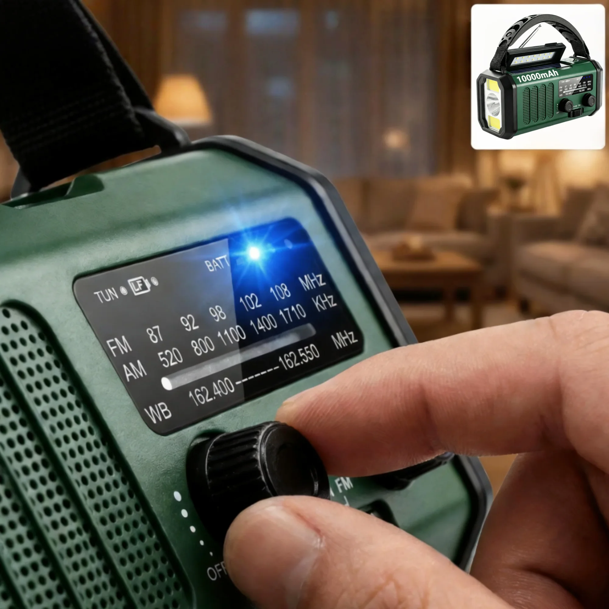 Notfallradio mit Kurbel & Solar, 10000mAh Powerbank, Taschenlampe & Kompass, FM/AM/WB, Tragbar für Outdoor
