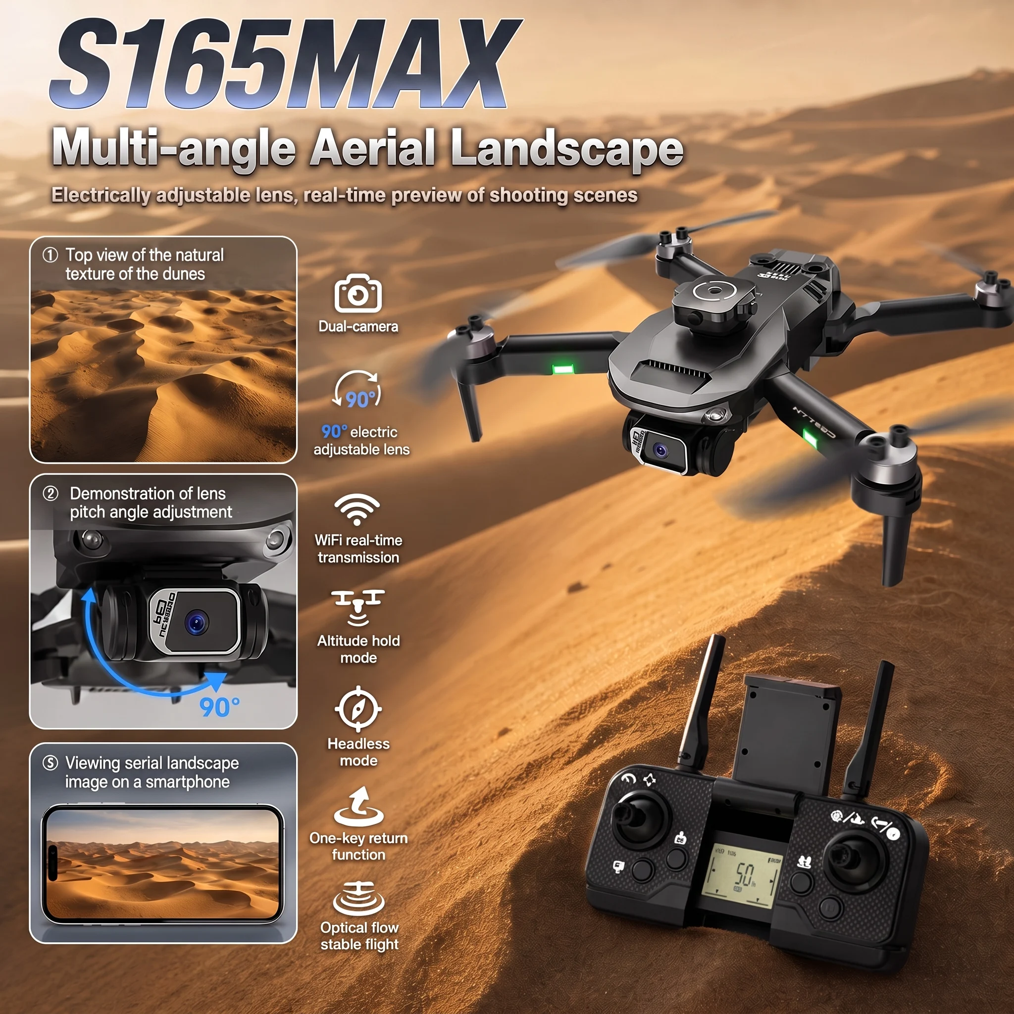 S165Max Foldable 4K Drone with Optical Flow, Headless Mode, One-Key Return, WiFi App, 360° Avoidance & Trajectory Flight.