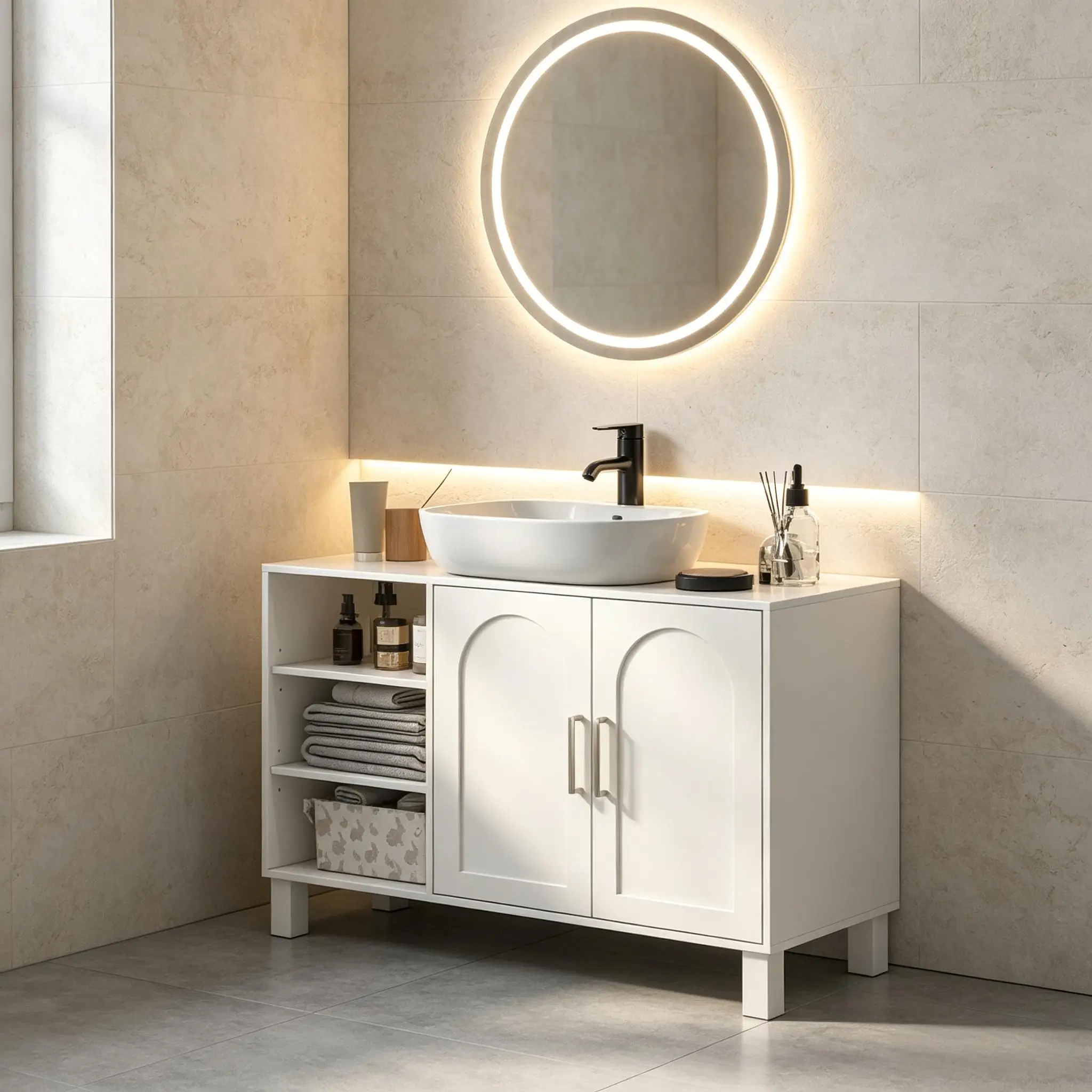 Badezimmer-Waschtischunterschrank, moderner Waschtischunterschrank mit Doppeltüren und offenen Regalen, freistehendes Badezimmer-Aufbewahrungsmöbel, vielseitiger Organizer für