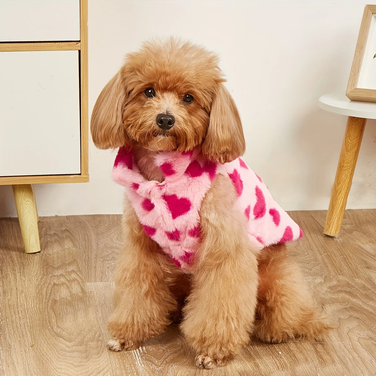 Winter Autumn Warm Knit Dog Jacket with Heart Pattern, Thick Fleece Lining, Non-Waterproof, D-Ring for Leash Attachment, Snap Bu